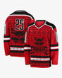 Download Festival red and black ice hockey-style jersey featuring the Download dog logo, skull graphics, barbed wire and snowflake patterns. The front displays 'Download Ho Ho' text, while the back has a large '25th' to mark the 25th anniversary. 'Download' text runs down both sleeves.