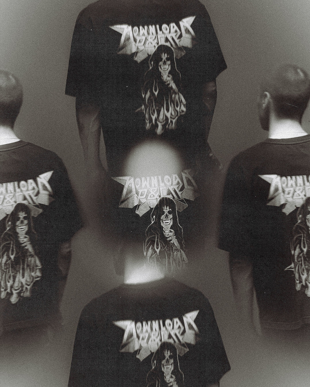 Five men, backs to the camera, wear 2026 P&Co Unisex Reaper Tees featuring a graphic of a woman in flames and the text “Download Season.” The image has a blurry, double-exposed effect.