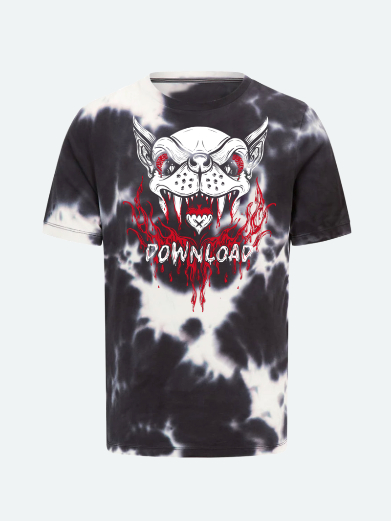 Black and white tie-dye T-shirt featuring a large graphic of a snarling vampire dog with blood-red eyes and dripping fangs, positioned above the word "Download" written in a matching blood-like font.