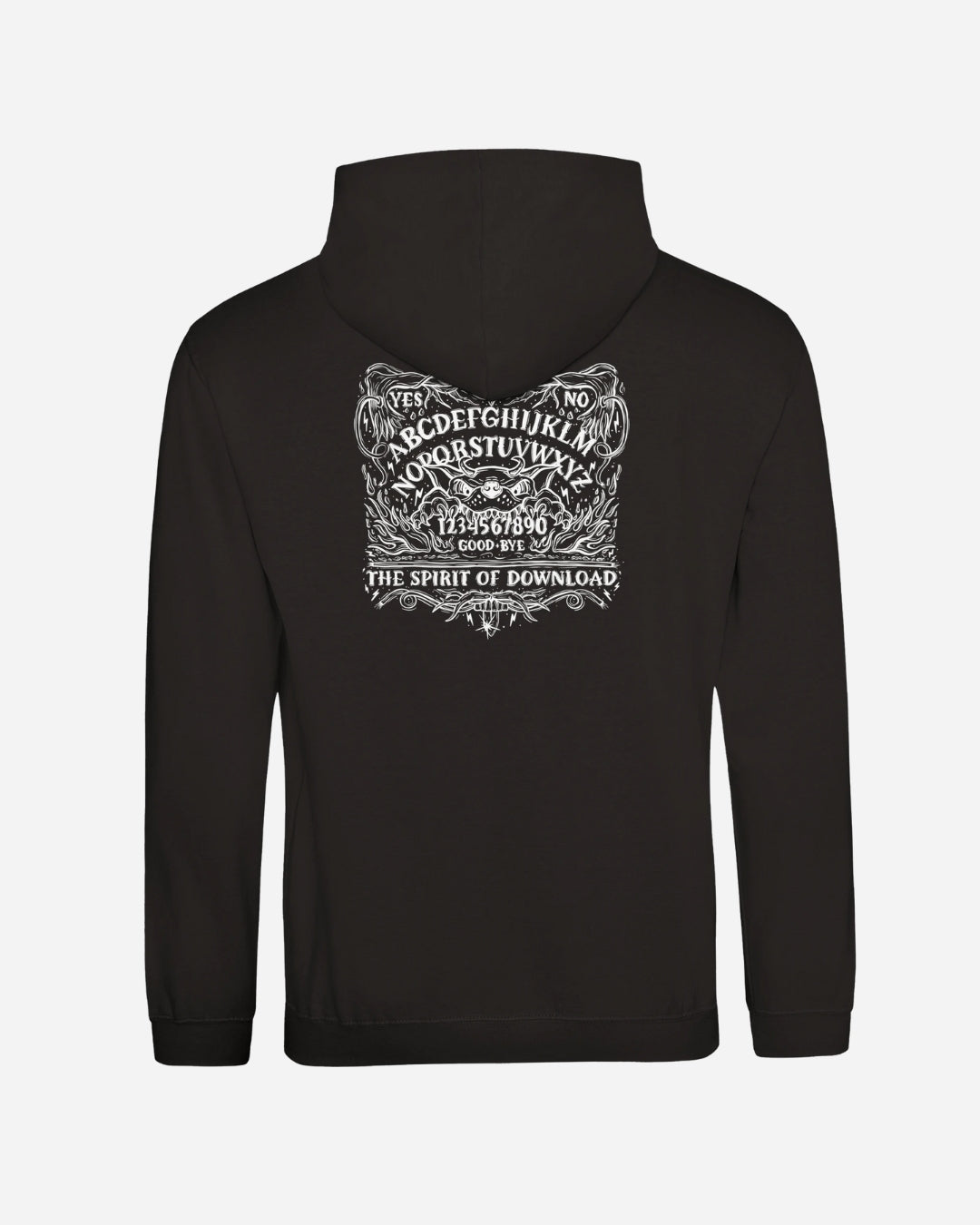 The Download Ouija Board Hoodie from Download Festival Shop is a black unisex hoodie made of soft ringspun cotton, with a bold white vintage ouija board graphic and “THE SPIRIT OF DOWNLOAD” on the back. Comfortable and striking.
