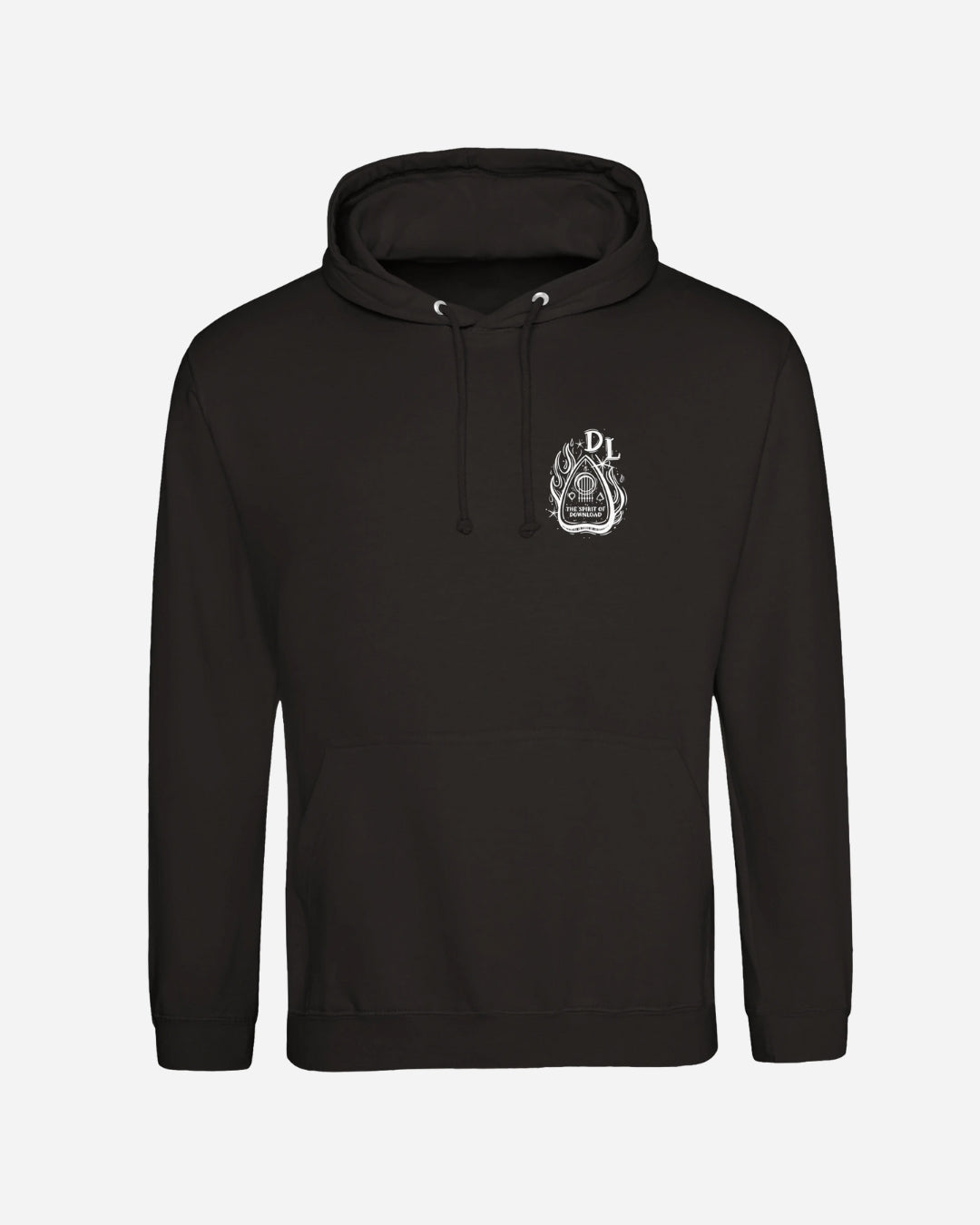 The Download Ouija Board Hoodie from Download Festival Shop is a black unisex hoodie with a front pocket, drawstrings, and soft ringspun cotton. It features a small white flame and text graphic on the left chest.