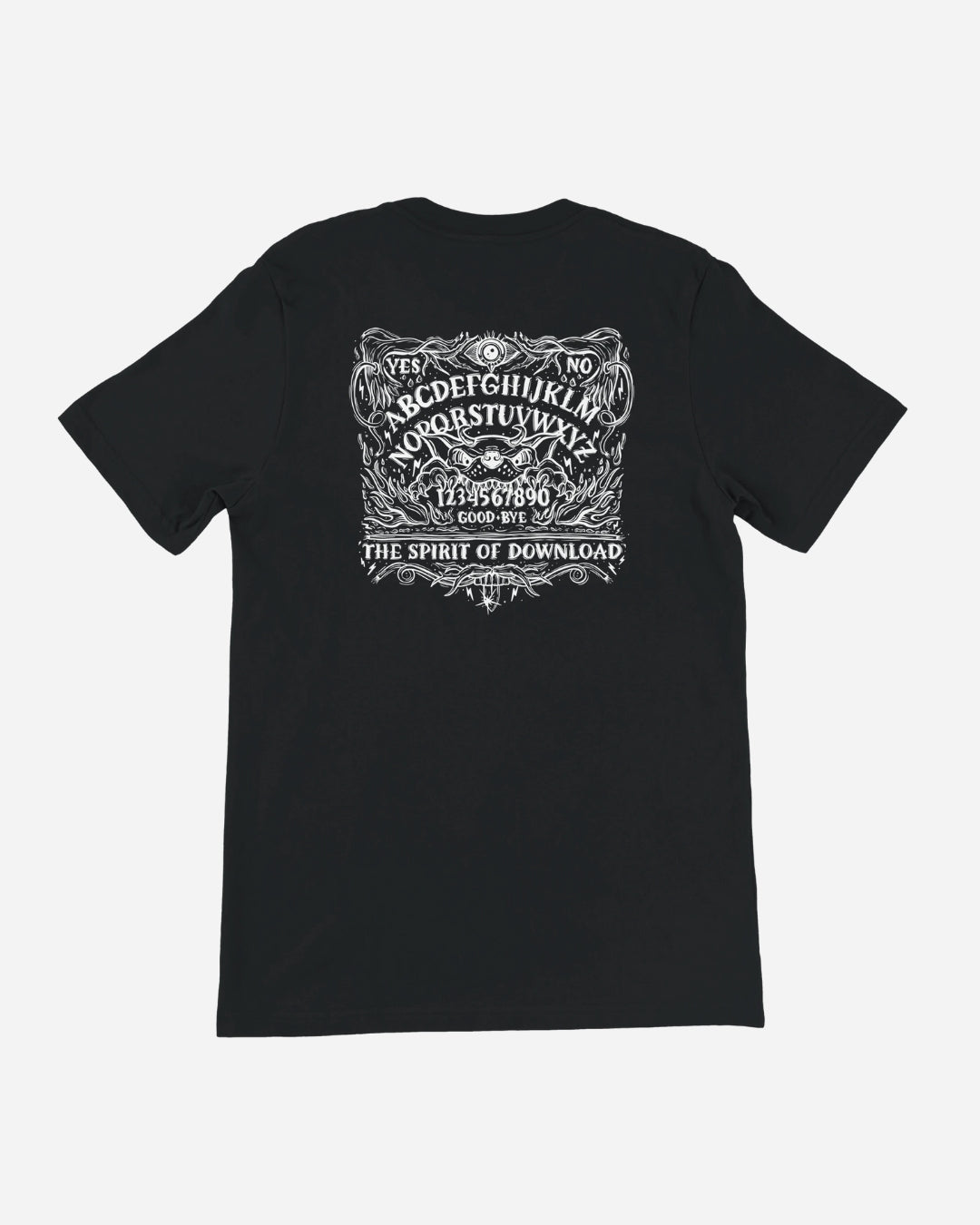 The Download Ouija Board T-Shirt from the Download Festival Shop is a black unisex tee with an eco-friendly DTG-printed white Ouija board design on the back, featuring the alphabet, numbers, YES, NO, GOOD-BYE, and “THE SPIRIT OF DOWNLOAD.”.