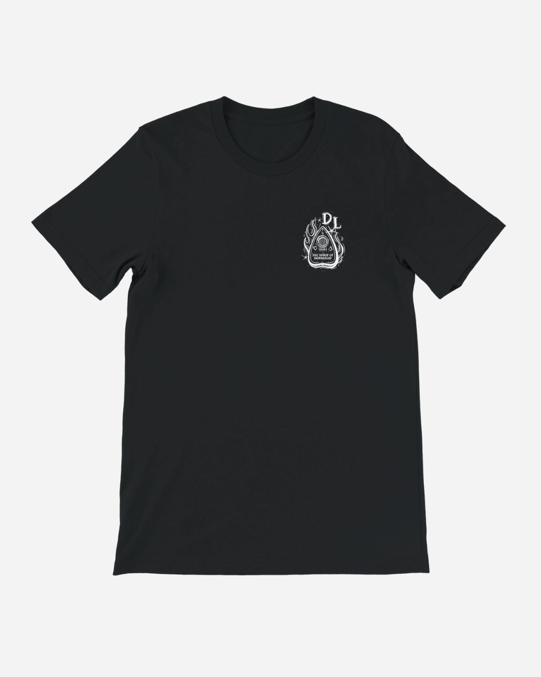 Download Festival Shop’s Download Ouija Board T-Shirt is a black unisex tee with a small white flame-and-drop graphic on the left chest, crafted using eco-friendly DTG printing for sharp detail and reduced environmental impact.