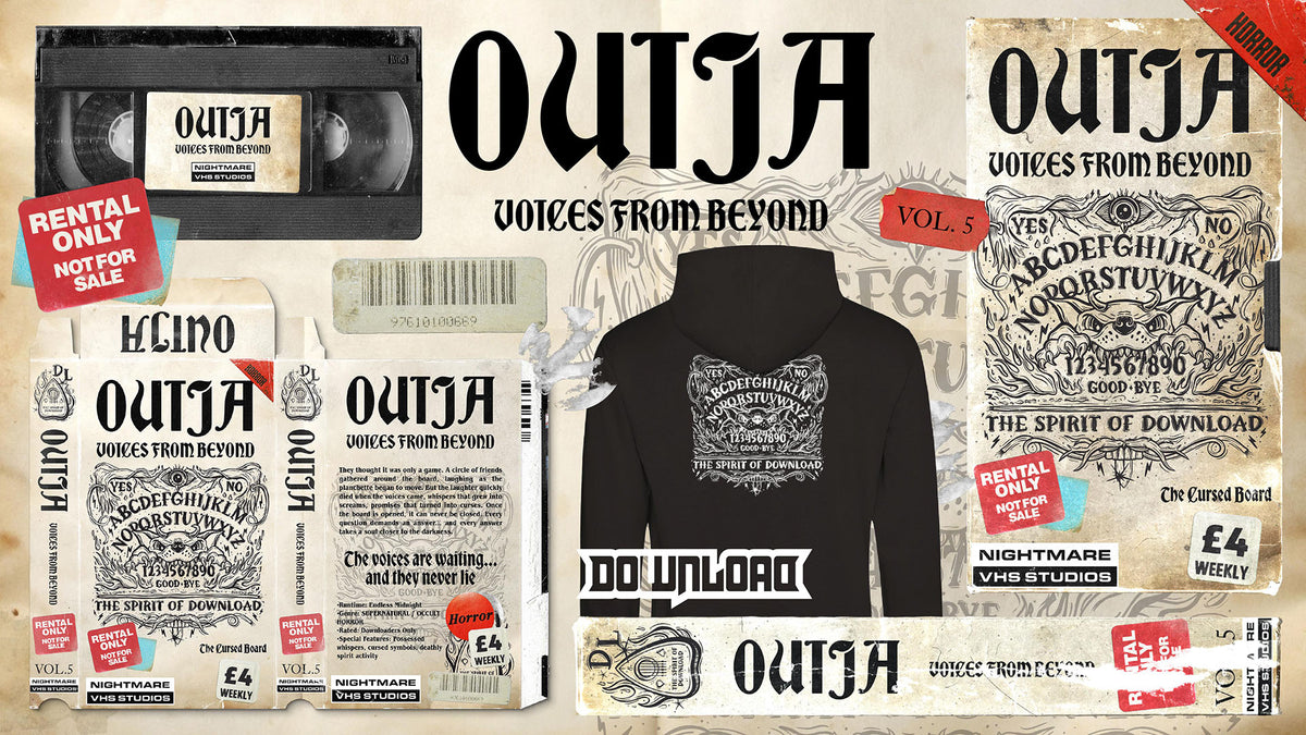 A collage features “OUIJA: Voices From Beyond” retro VHS covers, tickets, a hoodie, and a Ouija board design. Text includes phrases like “Rental Only Not For Sale” and “The Spirit of Download.” Vintage spooky style.