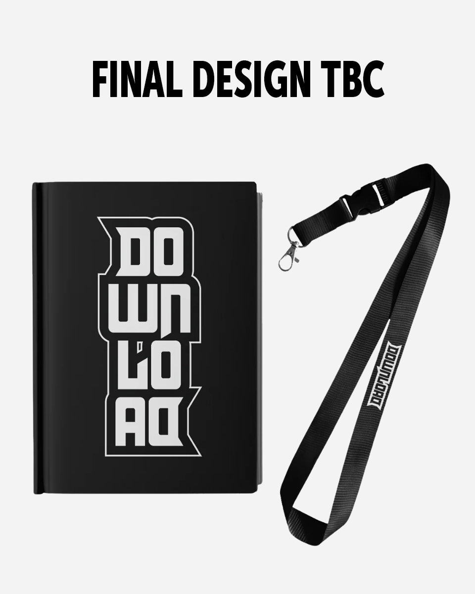 Get festival-ready with the PRE-ORDER 2026 Programme & Lanyard Pack from Download Festival Shop—featuring a black notebook with DOWNLOAD in bold font and a matching lanyard. FINAL DESIGN TBC.