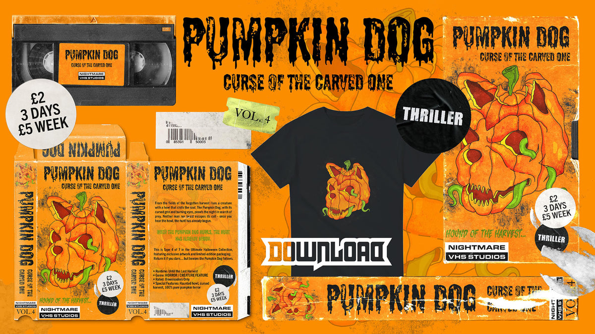 A collage of retro VHS covers, a T-shirt, and stickers for a fictional horror film called Pumpkin Dog: Curse of the Carved One. The artwork features a snarling, carved pumpkin dog and grungy orange graphics.
