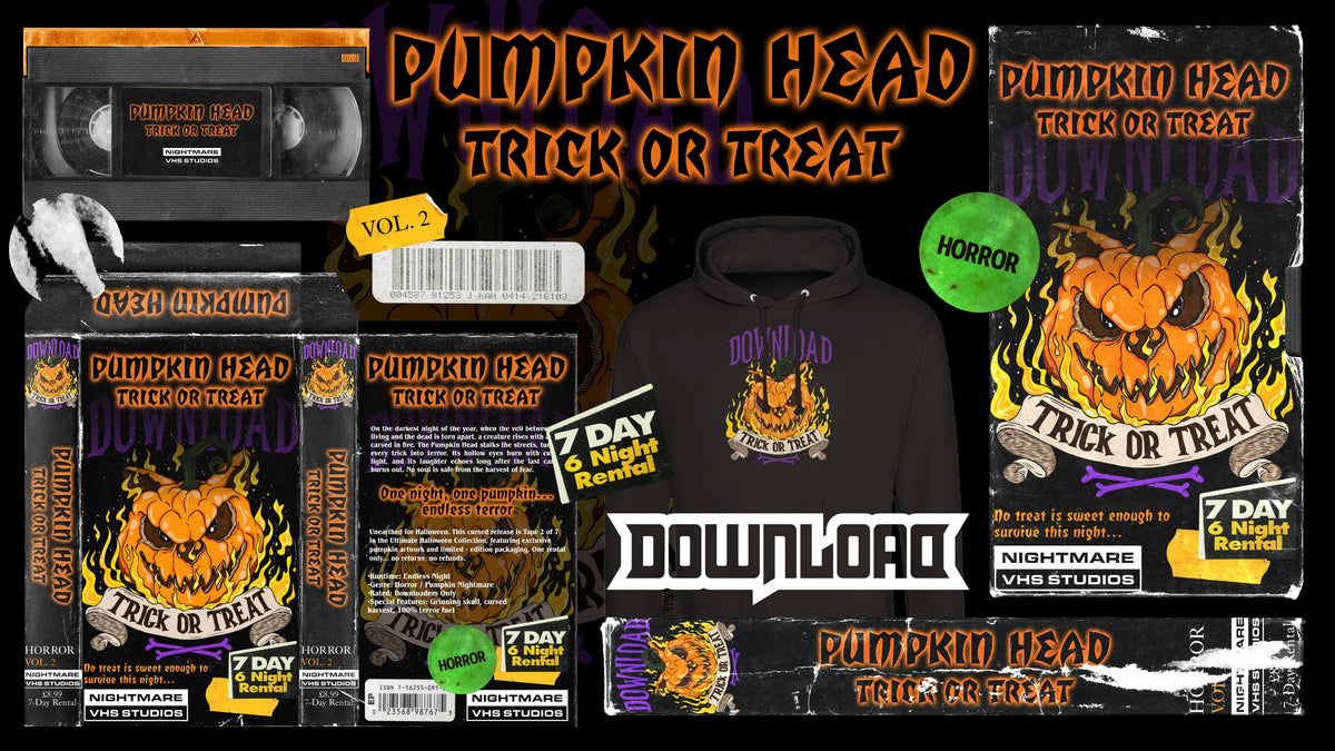 Collage of VHS cover art, a hoodie, and stickers featuring a fierce jack-o’-lantern with green eyes and fangs. Text reads Pumpkin Head Trick or Treat, evoking a retro horror movie rental vibe.