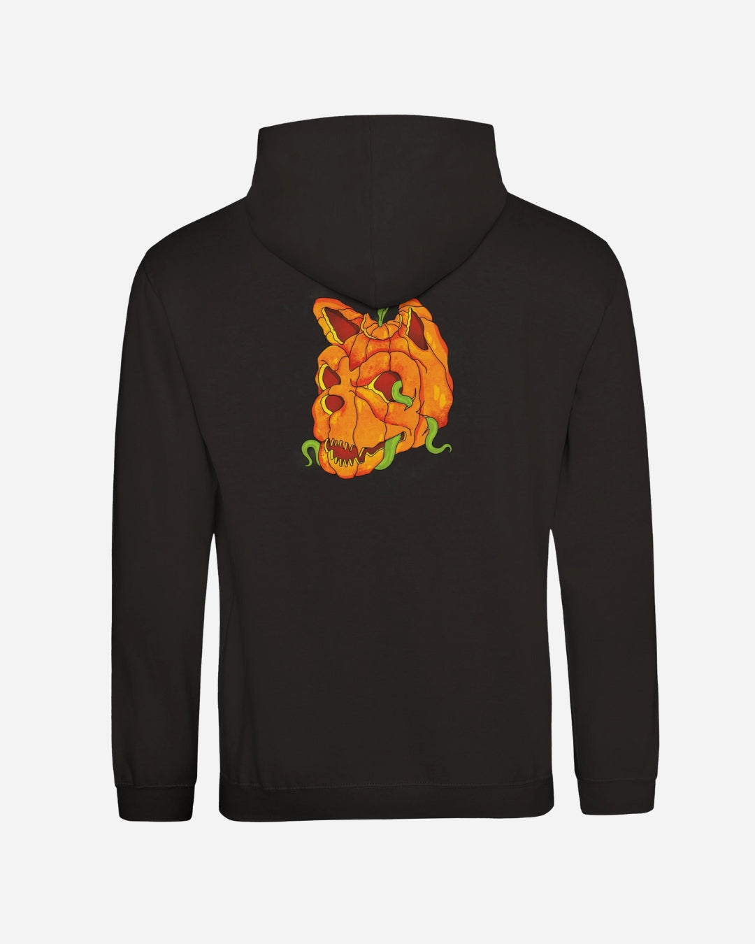 The Download Pumpkin Head Hoodie from Download Festival Shop is a comfy unisex black sweatshirt with a bold pumpkin skull graphic and green vines on the back.