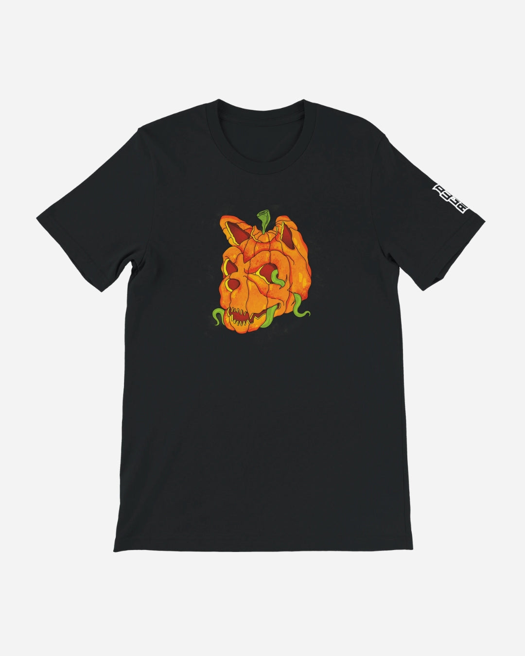 The Download Pumpkin Head T-Shirt from Download Festival Shop is a black unisex tee with eco-friendly DTG print of a skull-shaped carved pumpkin, green stem, and vines. Unique front-centered design.