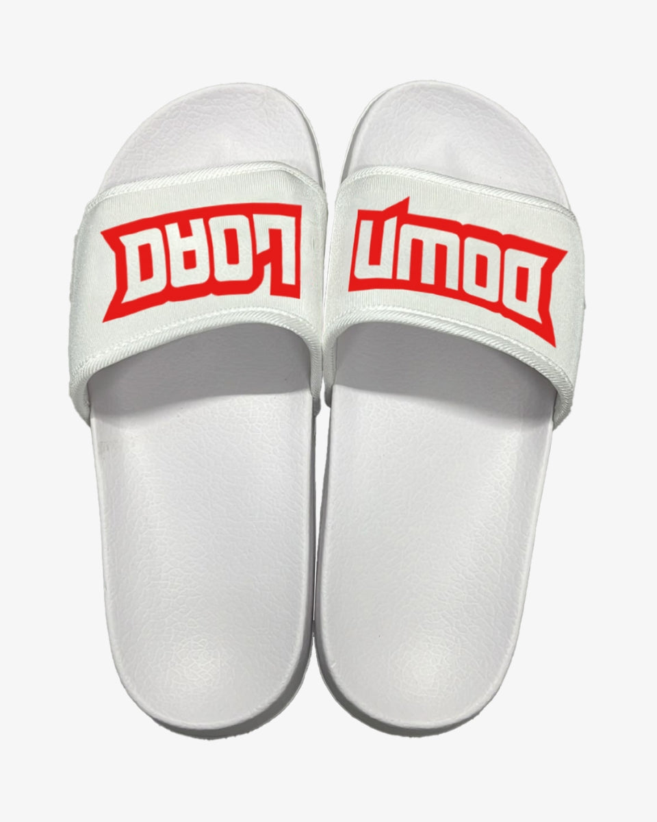 Pair of white Download Festival logo sliders featuring the red 'Download' logo split across both foot straps, shown from above.