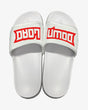 Pair of white Download Festival logo sliders featuring the red 'Download' logo split across both foot straps, shown from above.