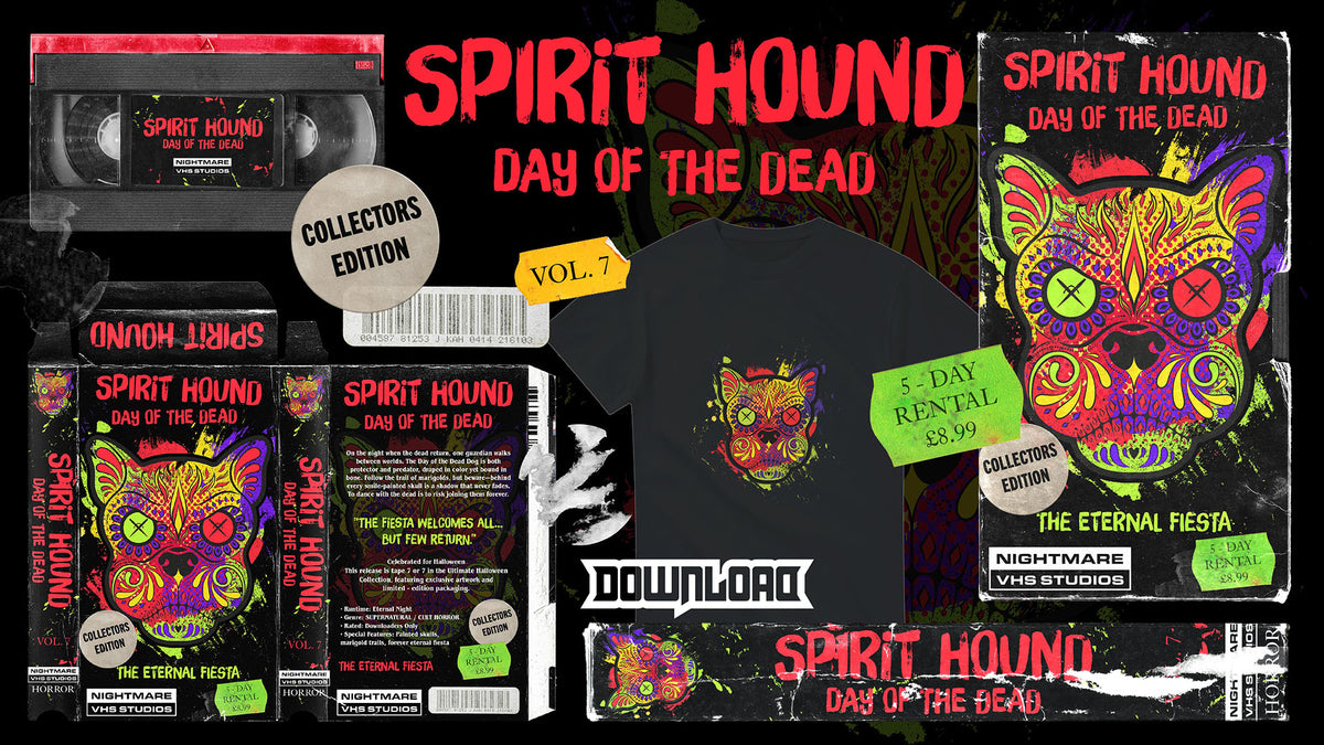 A colorful Spirit Hound: Day of the Dead VHS collectors edition set with psychedelic dog artwork, VHS tape, t-shirt, stickers, and promotional text, all styled in a retro horror-movie theme.