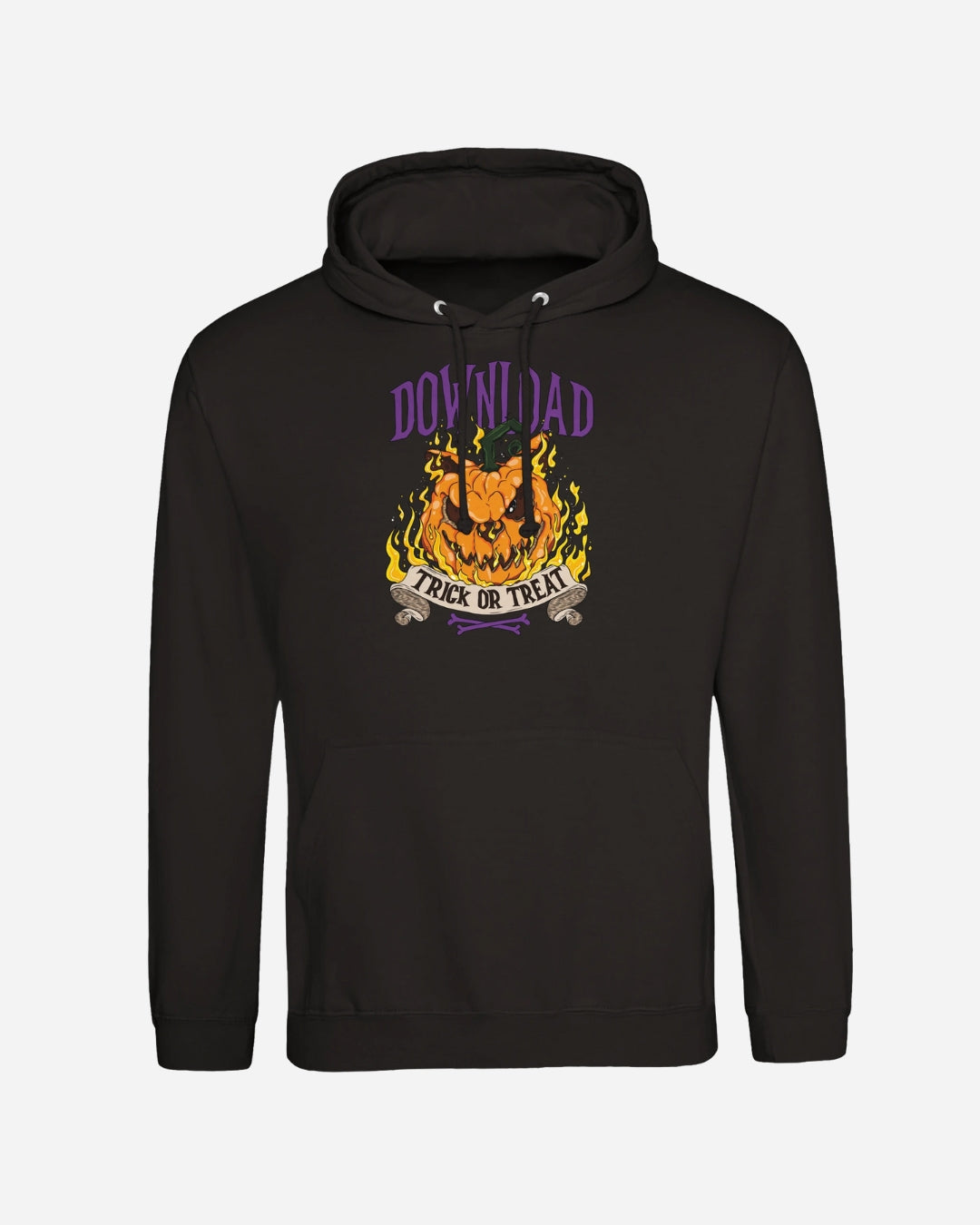 The Download Festival Shop’s Download Trick Or Treat Hoodie is a black unisex hoodie with a fiery jack-o’-lantern, green eyes, purple “DOWNLOAD” text, and “TRICK OR TREAT” banner—crafted from ringspun cotton for comfort.
