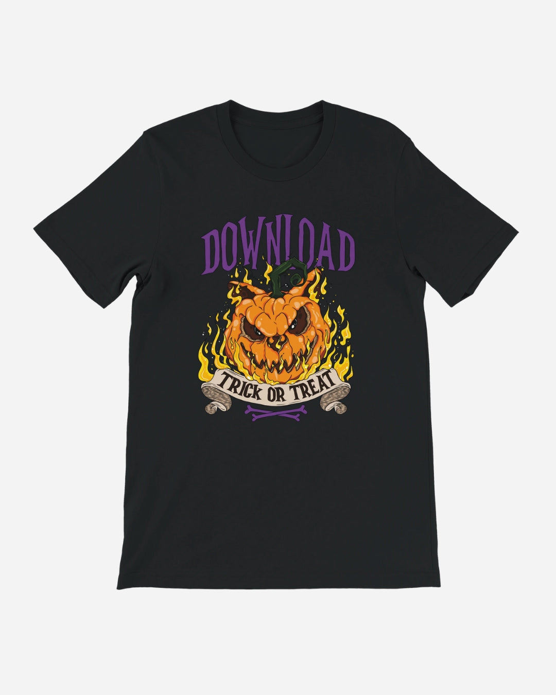The Download Trick Or Treat T-Shirt from Download Festival Shop is a black unisex tee with a flaming jack-o’-lantern, "DOWNLOAD" in purple above, and "TRICK OR TREAT" below. Made with eco-friendly DTG printing for vivid style.