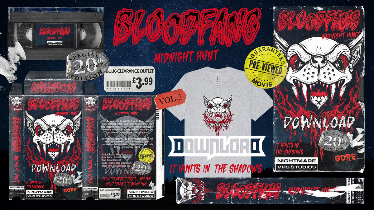 A collage featuring retro VHS tapes, a T-shirt, and stickers promoting a fictional horror movie called Bloodfang: Midnight Hunt, with a snarling wolf, red blood splatter, and vintage rental store graphics.