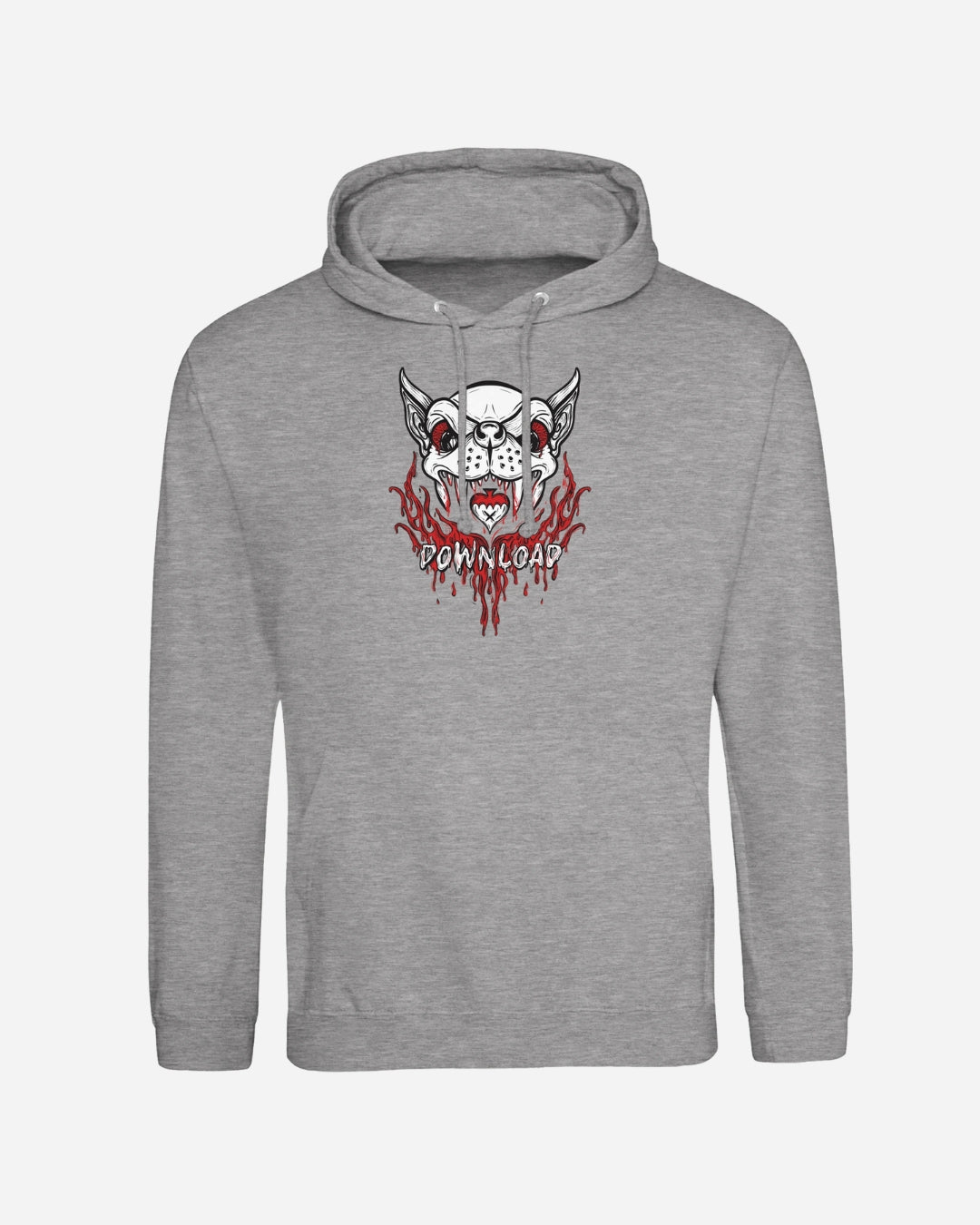 The Download Festival Shop’s Download Vampire Grey Hoodie is a comfortable unisex ringspun cotton hoodie in gray, featuring a snarling dog’s head with red eyes and sharp teeth above "DOWNLOAD" and encircled by bold red flames.