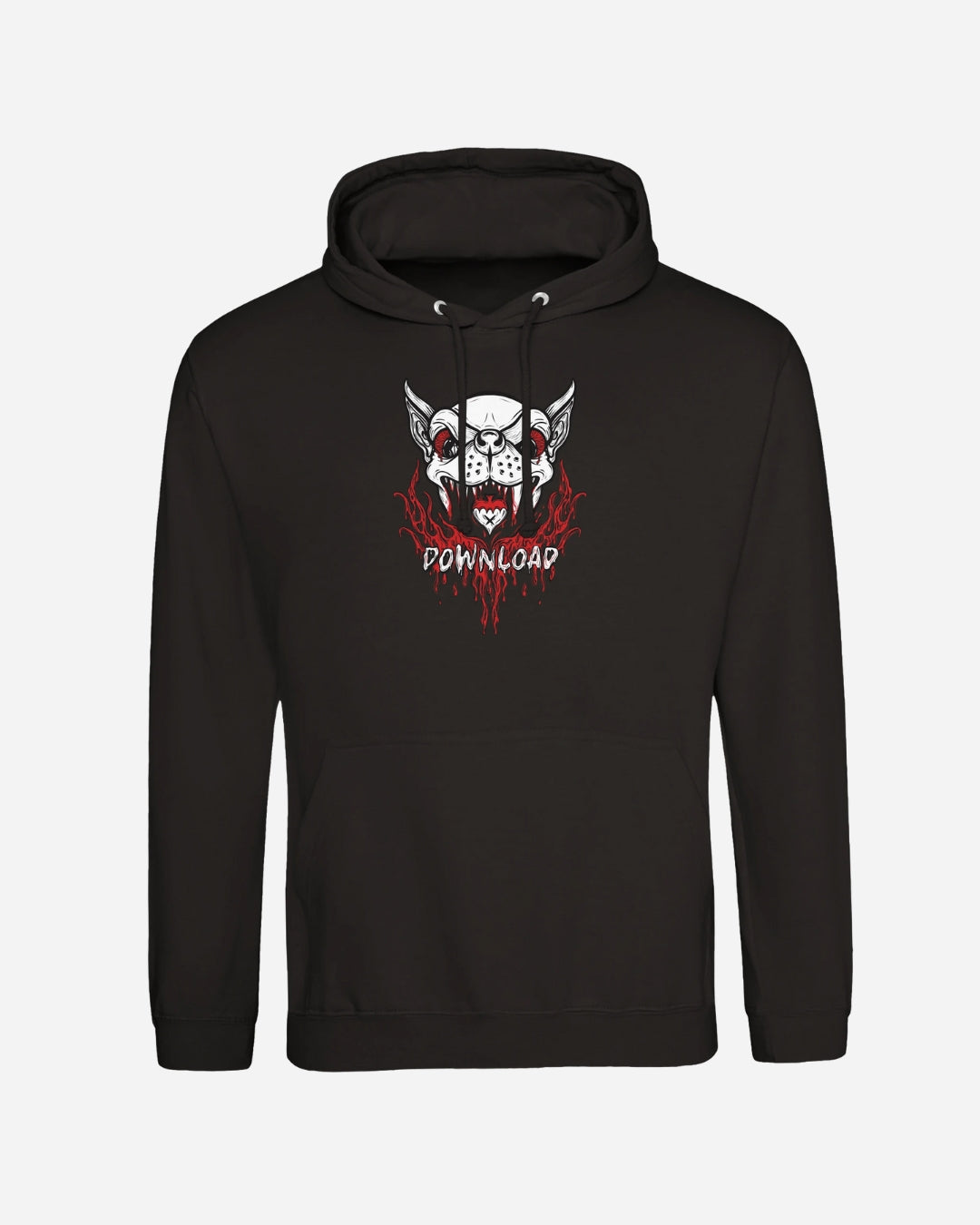 The Download Festival Shop’s Download Vampire Hoodie is a black unisex hoodie with a masked dog graphic, red scratch details, "DOWNLOAD" in white letters, and made from soft ringspun cotton for all-day comfort.