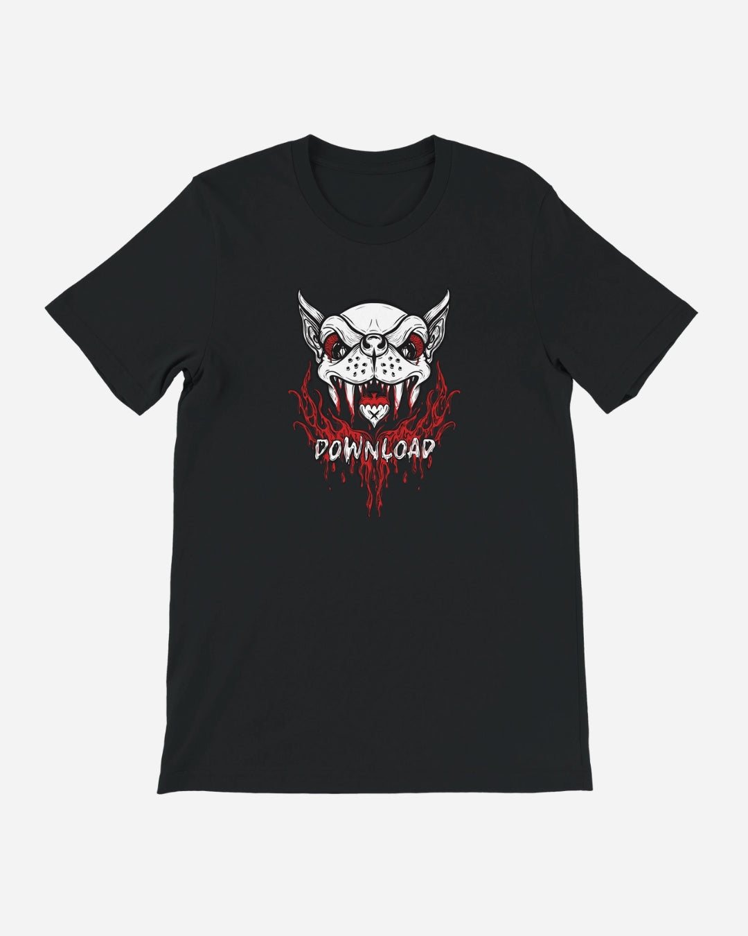 The Download Vampire T-Shirt from Download Festival Shop is a black unisex tailored fit tee with a fierce dog graphic, red eyes, sharp teeth, "DOWNLOAD" in white, red flames below—crafted with premium DTG printing for bold detail.