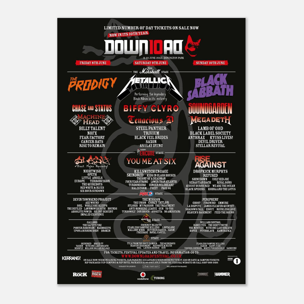 The Download 2012 Line Up Poster A2 from Download Festival Shop displays headliners Metallica, The Prodigy, Black Sabbath, Biffy Clyro, Soundgarden, and more on a black background with event details, printed on quality paper.