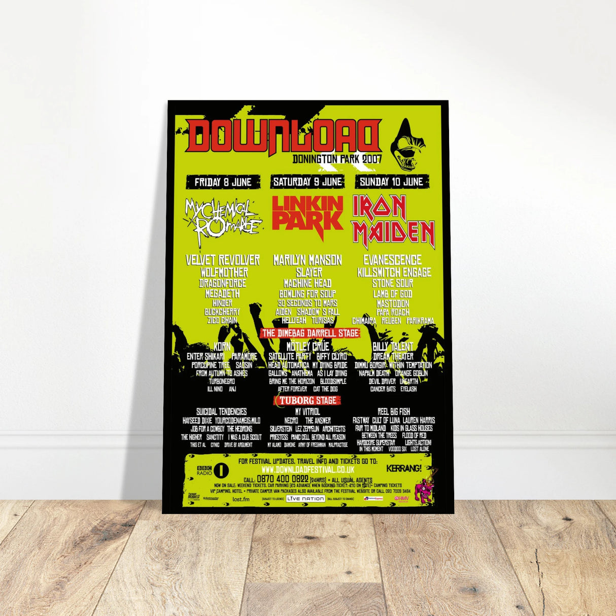 The Download 2007 Line Up Poster A2 from Download Festival Shop features My Chemical Romance, Linkin Park, and Iron Maiden on a yellow and black cartoon background, printed on semi-glossy paper.