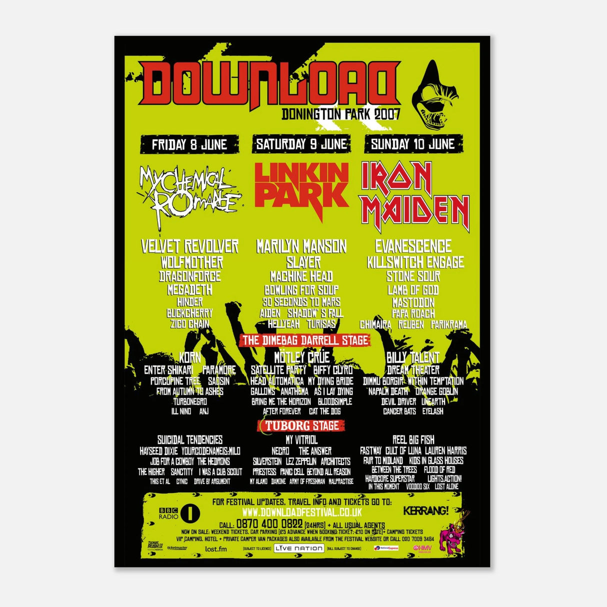 The Download Festival Shop presents the Download 2007 Line Up Poster A2: a semi-glossy print listing My Chemical Romance, Linkin Park, Iron Maiden, and more in vibrant red, yellow, and black for June 8–10 at Donington Park.