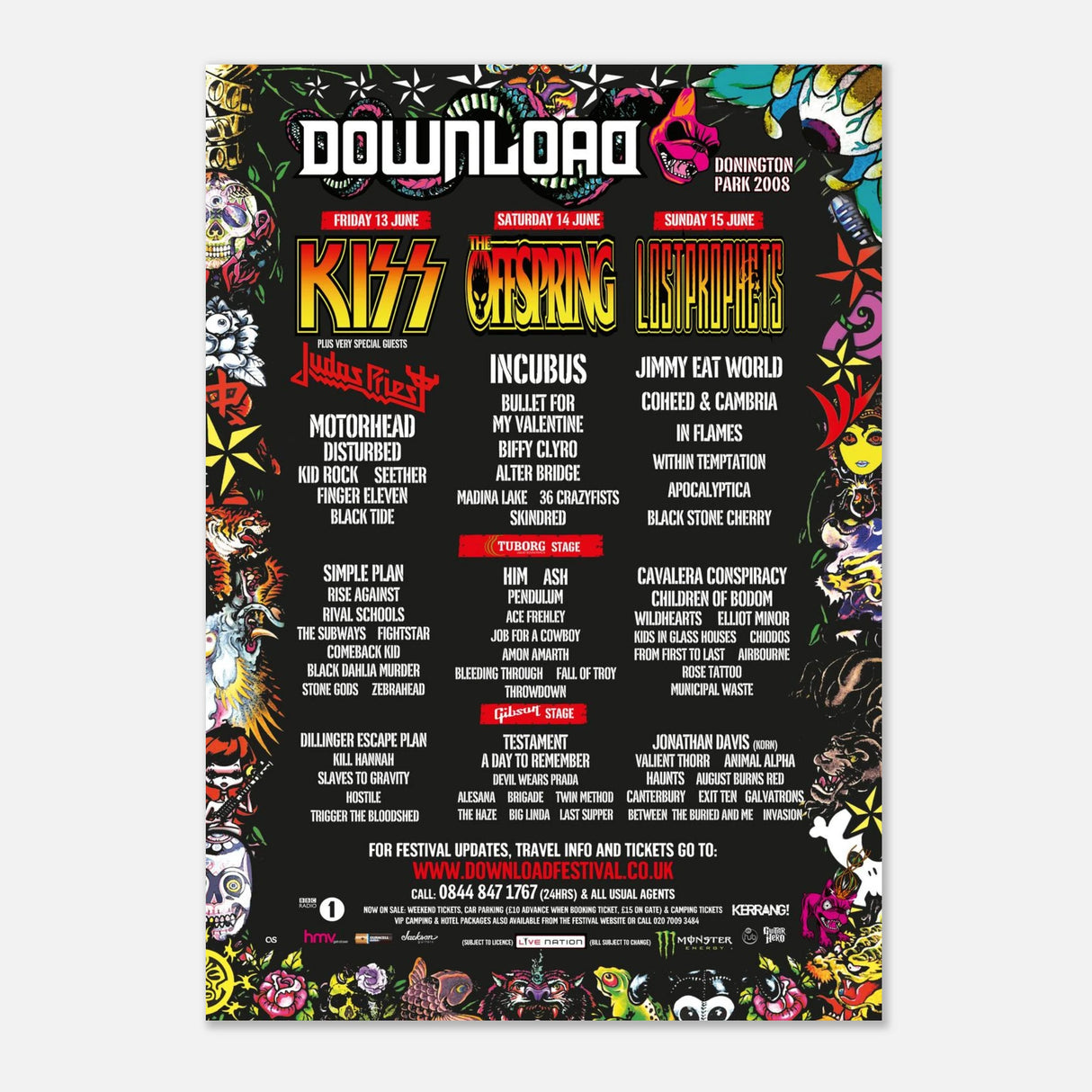 The Download Festival Shop’s Download 2008 Line Up Poster A2 features bold comic-style art, eco-friendly paper, and displays headliners KISS, The Offspring, and Lostprophets at Donington Park along with all key event and ticket details.