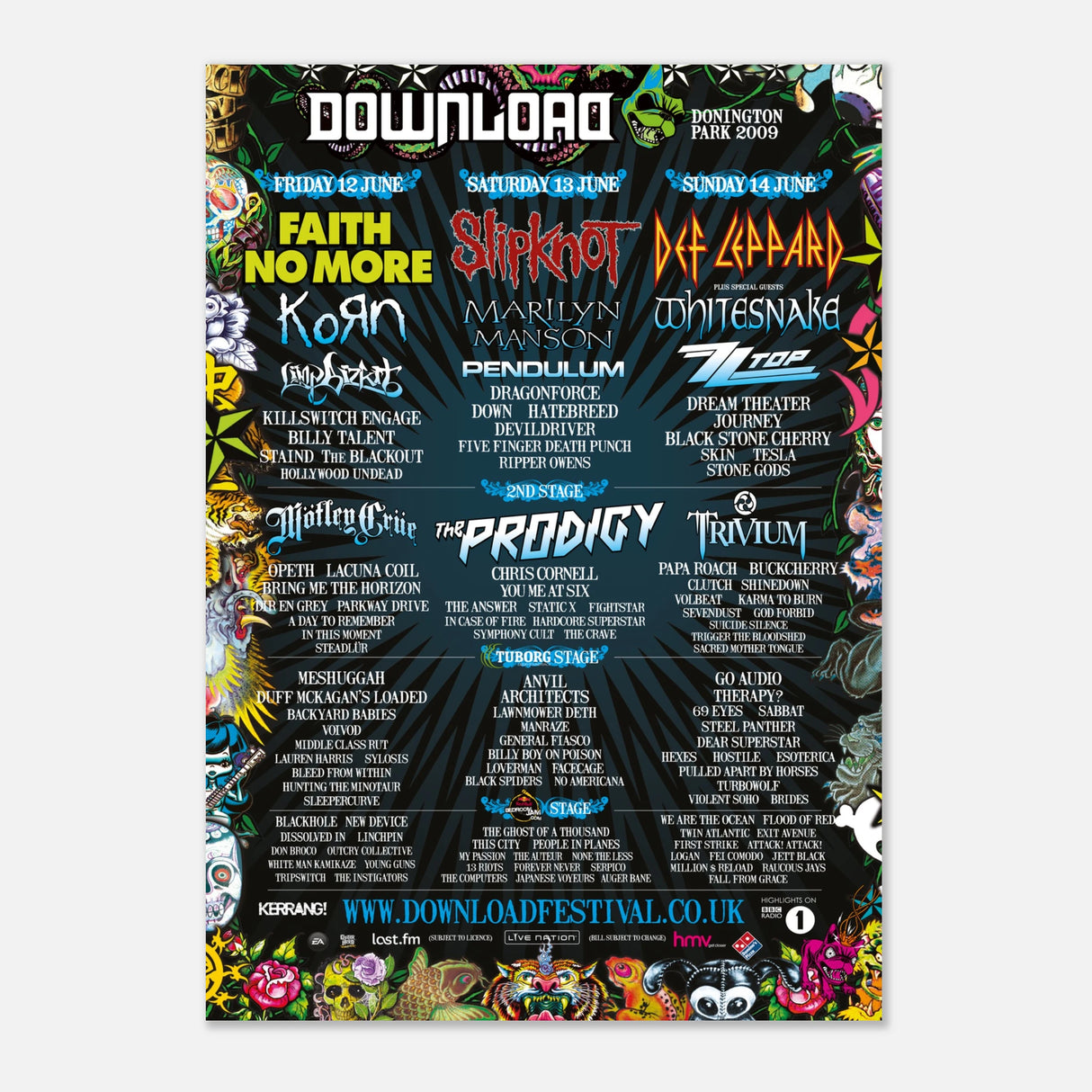 Download 2009 Line Up Poster A2 by Download Festival Shop features headliners Faith No More, Slipknot, and Def Leppard, with vibrant skull graphics on black. Printed on semi-glossy paper for a standout finish.