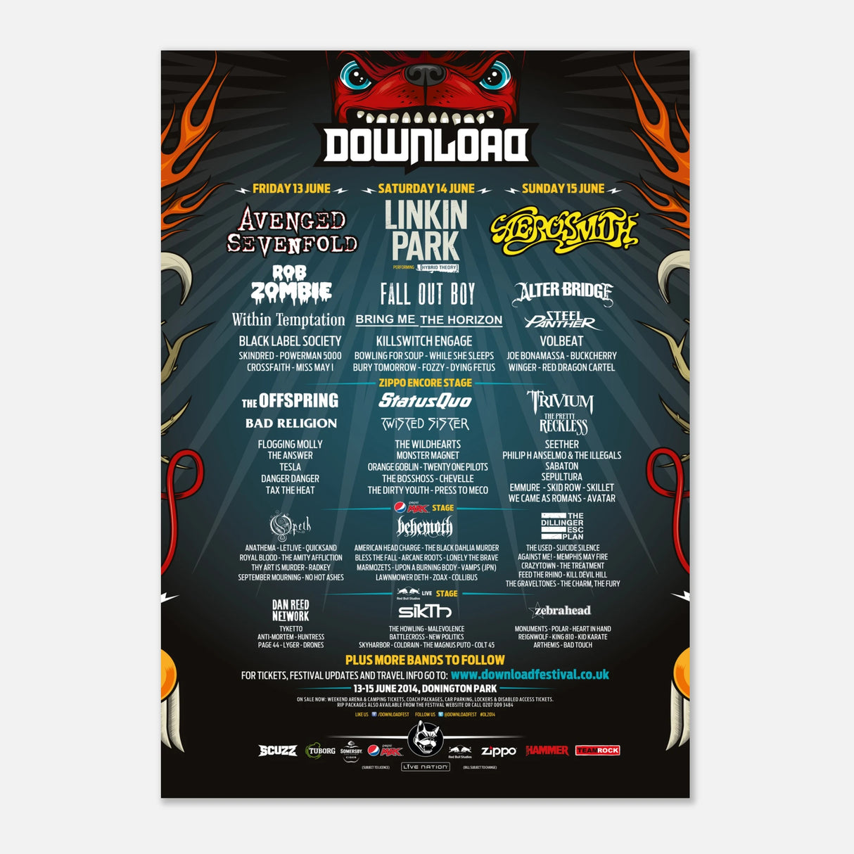 The Download 2014 Line Up Poster A2 from Download Festival Shop features headliners Avenged Sevenfold, Linkin Park, and Aerosmith on a dark, red and blue design—printed on FSC-certified semi-glossy paper.