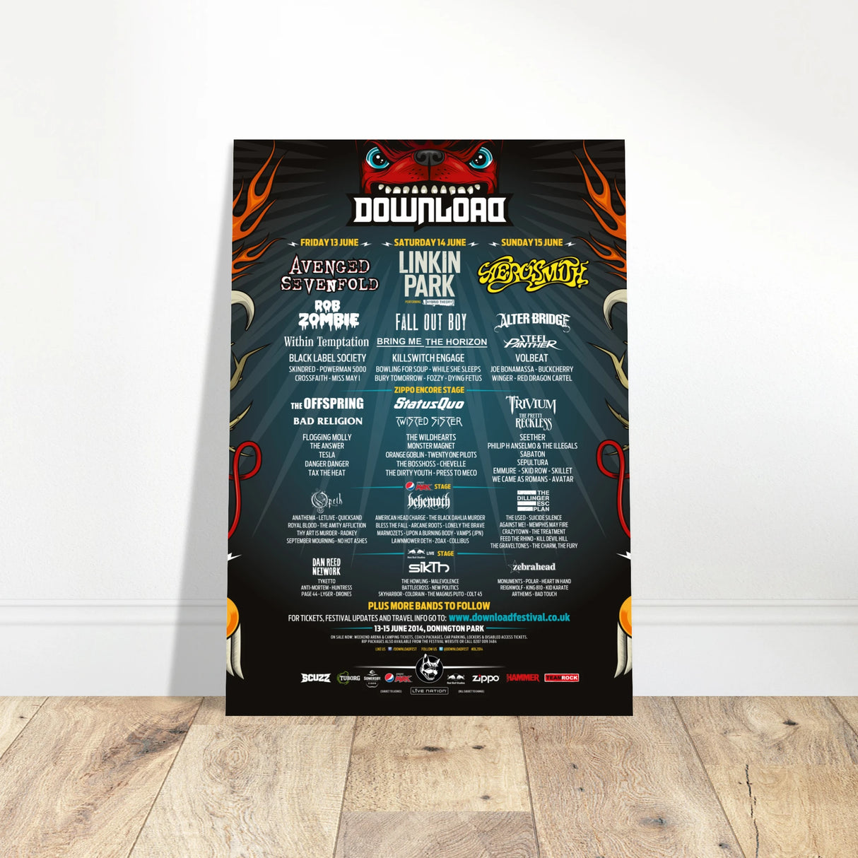 The Download Festival Shop’s Download 2014 Line Up Poster A2 features headliners Avenged Sevenfold, Linkin Park, and Aerosmith, with supporting acts and festival details on FSC-certified paper with vibrant graphics.
