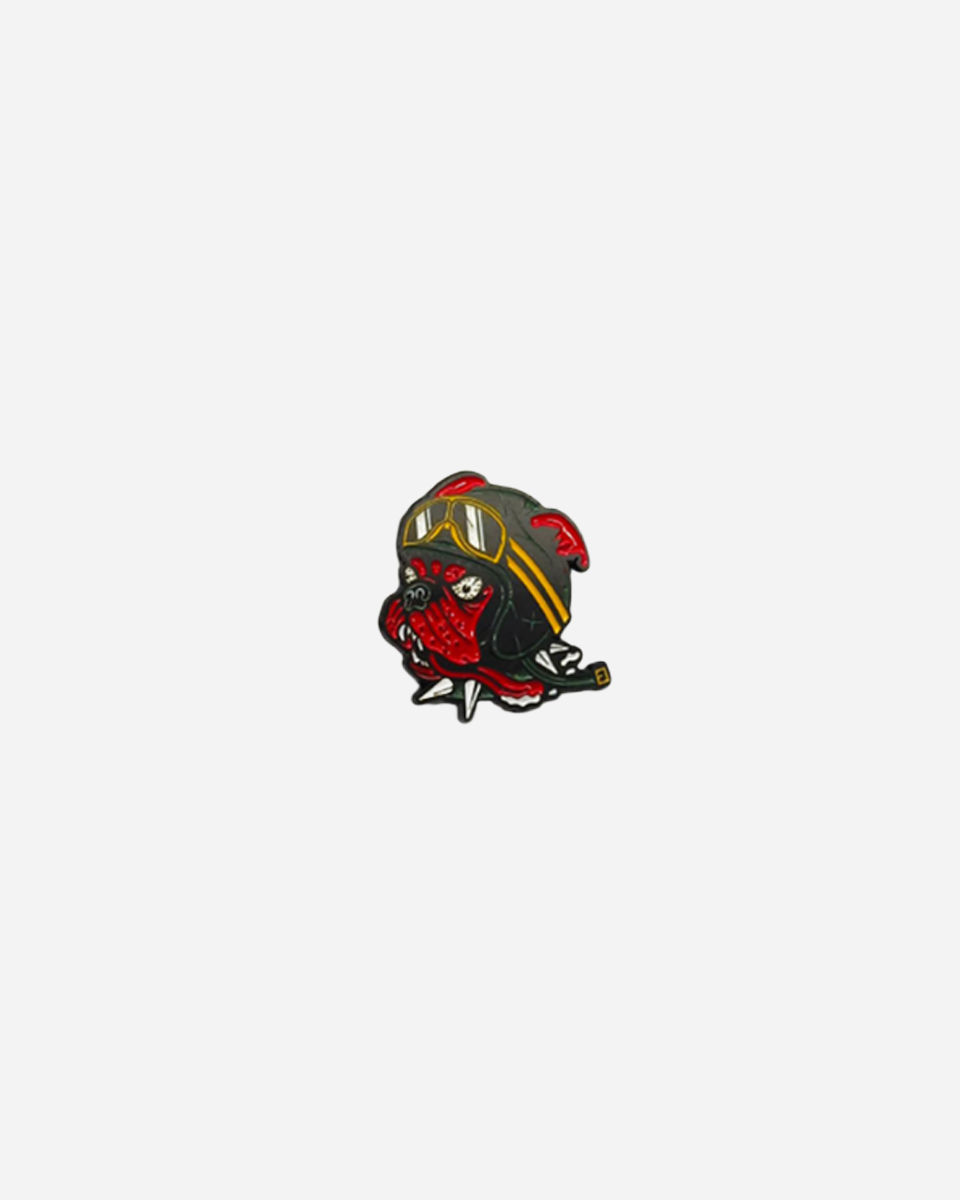 The Download 2026 Pin Badge features a cartoon red octopus with aviator goggles, a helmet, fierce expression, and spiked collar, centered on a plain white background.