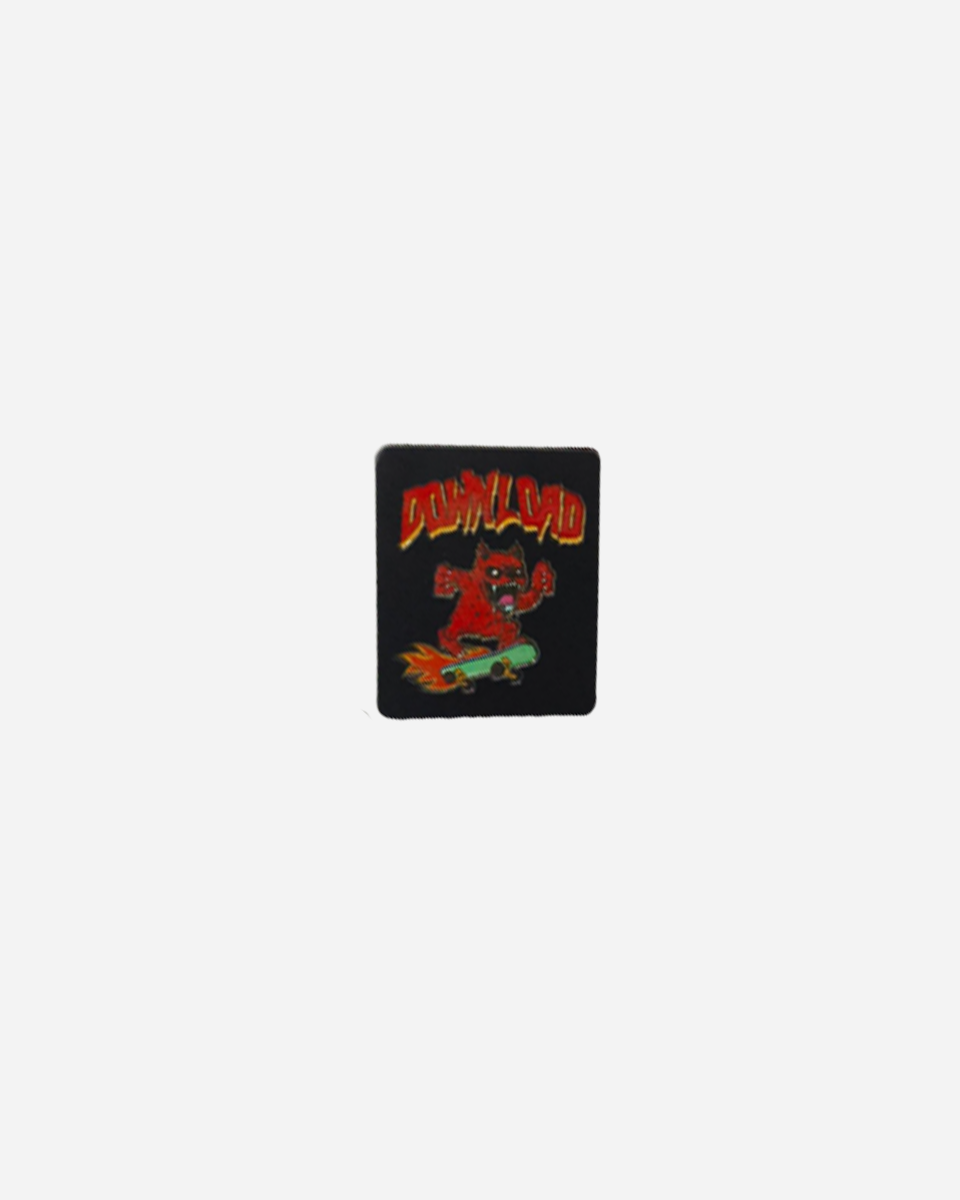 A Download 2026 pin badge showing a red devil on a green skateboard with flames, plus "DOWNLOAD" in bold red letters above.