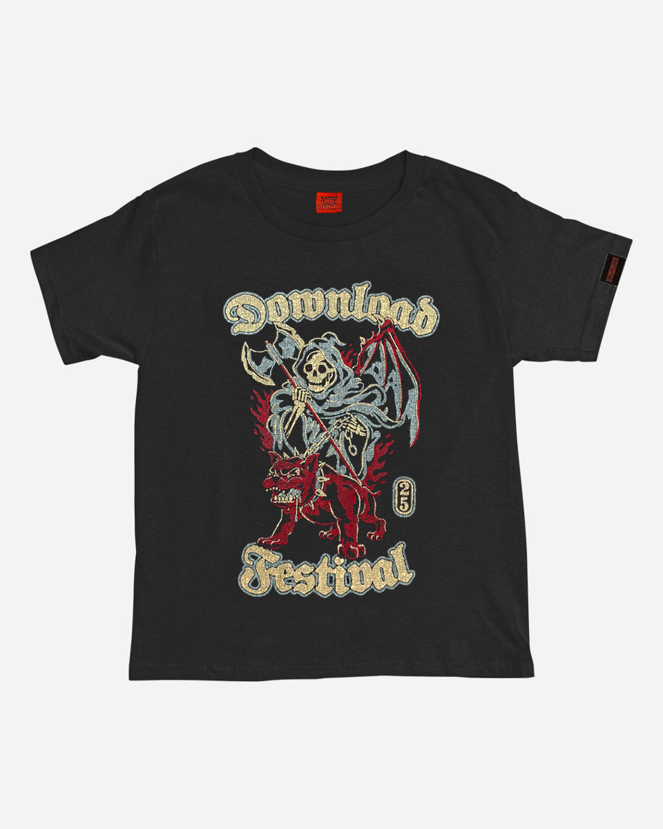 The 2025 Reaper T-Shirt is a black tee with a skeleton holding a raised scythe, red flames, and bold "Download Festival" lettering.