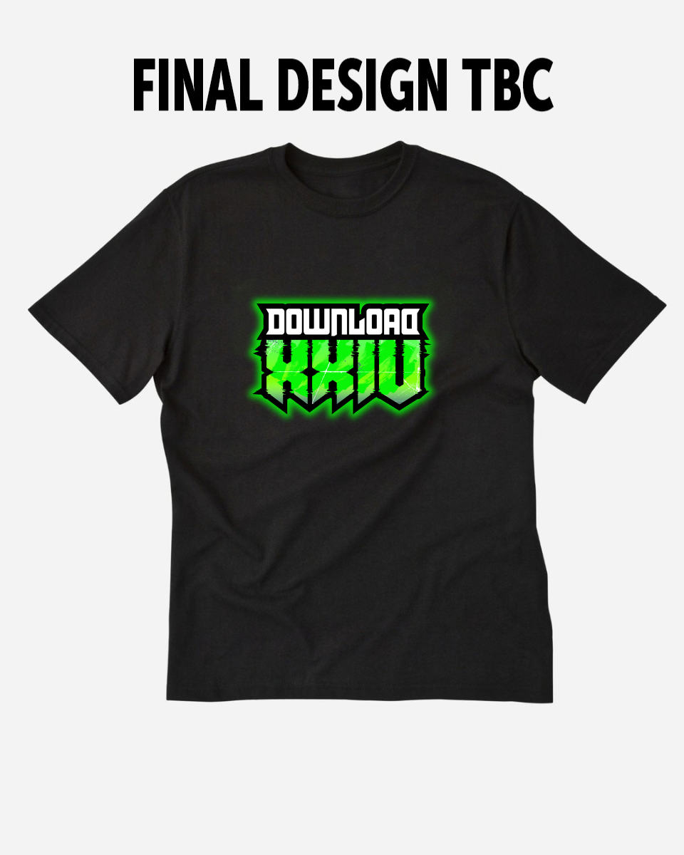 A black PRE-ORDER 2027 Line-Up T-Shirt from Download Festival Shop features bold neon green DOWNLOAD XXIV text and a striking graphic print on the front, capturing the spirit of the festival. Above the shirt, FINAL DESIGN TBC is written in black capital letters on a white background.