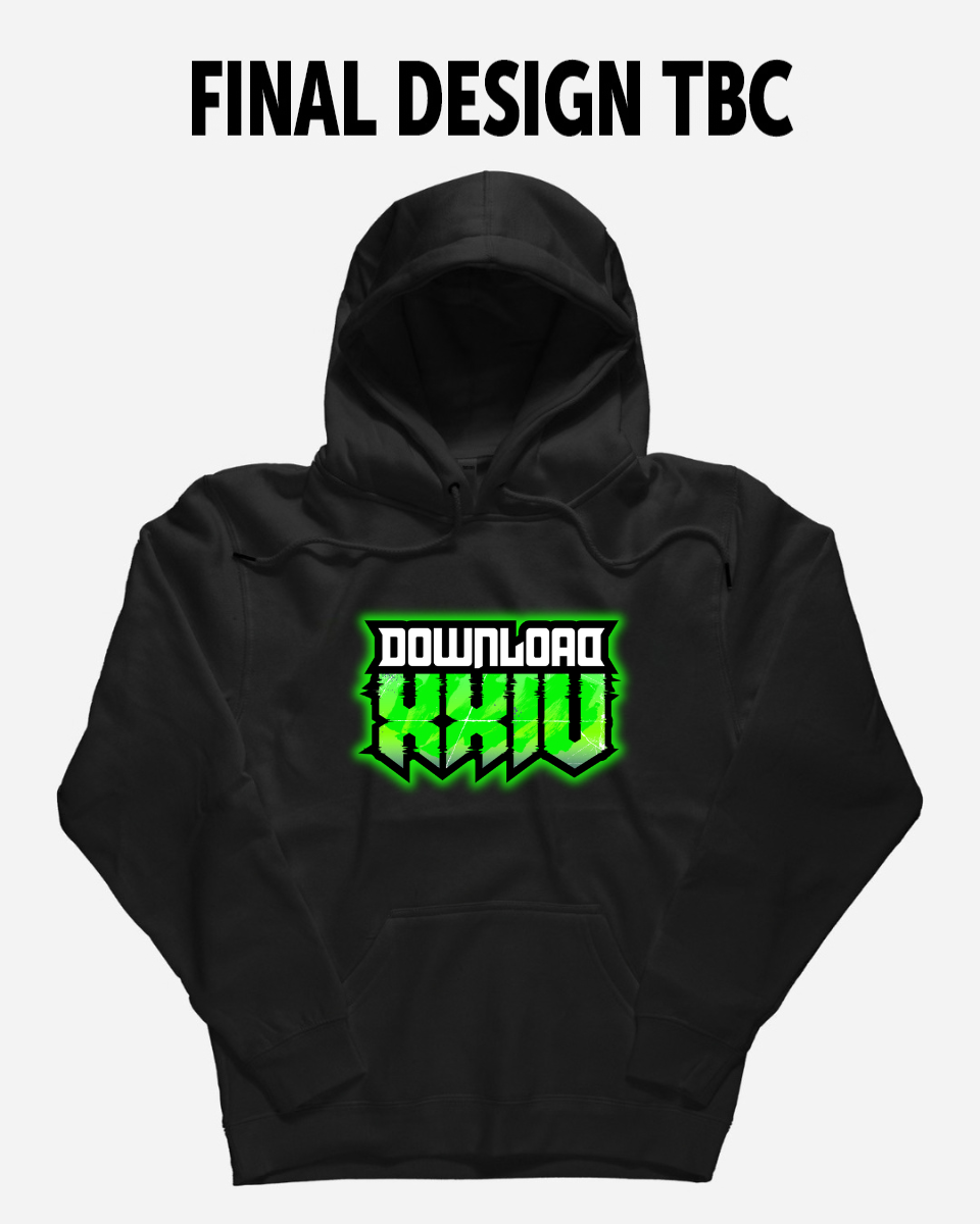 A black PRE-ORDER 2027 Line-Up Hoodie from Download Festival Shop, featuring a green and white DOWNLOAD XXIII logo on the chest. “FINAL DESIGN TBC” is boldly displayed above the hoodie, making this graphic print piece a distinctive addition to any collection.