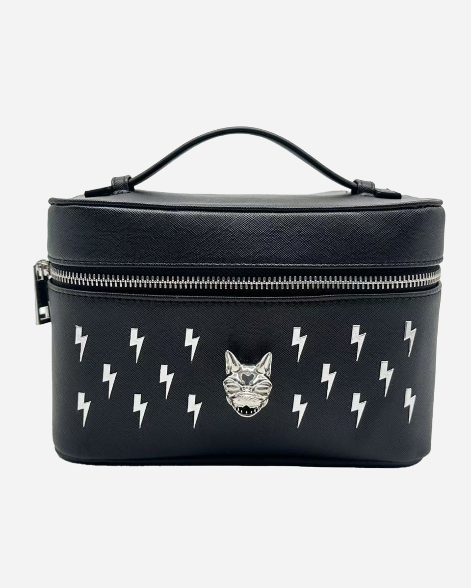 Black cosmetic bag with cat design and lightning bolts on a white background