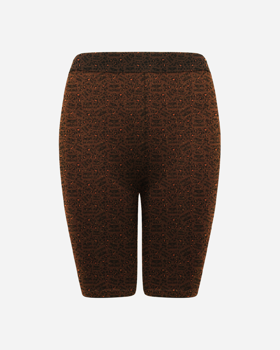 Download 2026 Animal Print Cycling Shorts are brown, knee-length, fitted shorts featuring a subtle black geometric pattern and an elastic waistband, shown against a plain white background with no visible pockets or embellishments.