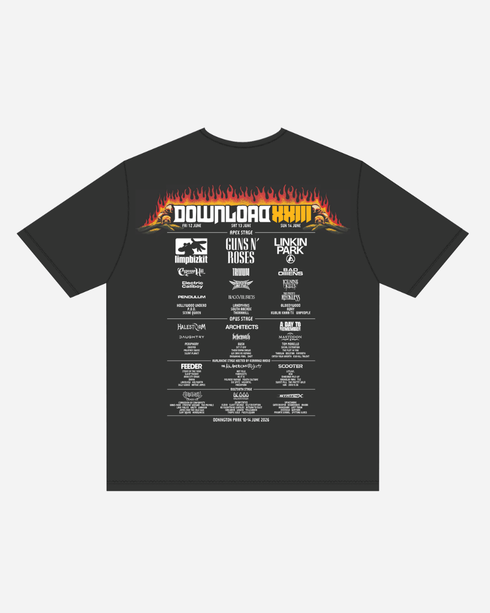 The P&Co Line Up T Shirt 2026 by 2026 features “Download 2018” in flaming text on the back above a list of bands like Guns N’ Roses, Ozzy Osbourne, and Avenged Sevenfold, styled to resemble a classic concert lineup poster.