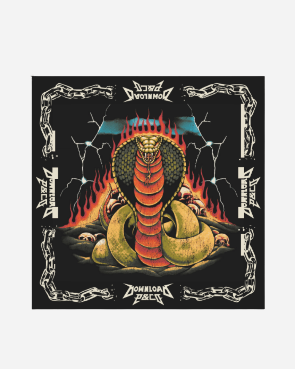 The P&Co Bandana by Download 2026 features a coiled cobra with open hood and fangs on a fiery, lightning-lit background, bordered by chains and “Download Beast” text; skulls accent the base of the snake.