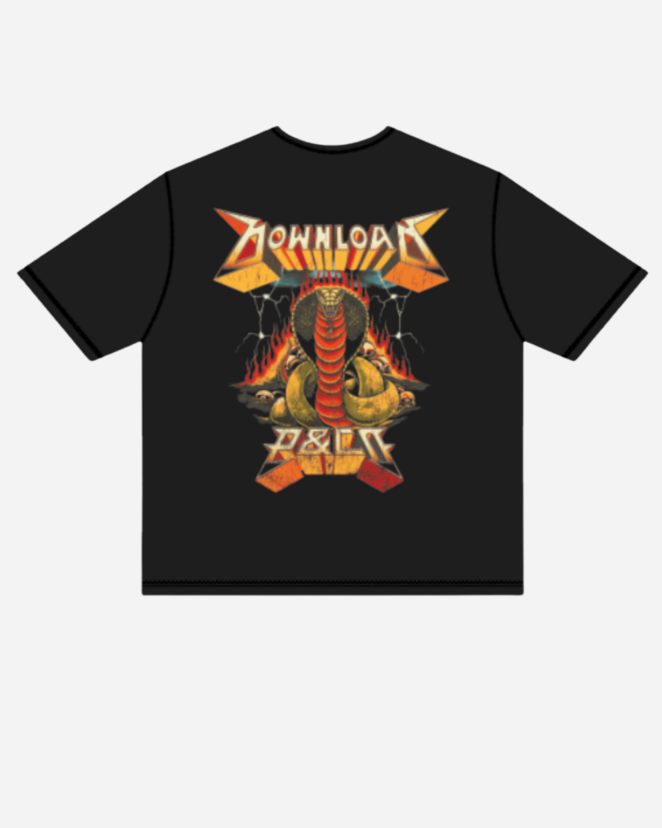 The P&Co Unisex Cobra Tee by Download 2026 is a black t-shirt featuring a vibrant coiled cobra graphic in front of flames, with "Download" above and "2024" below in bold, stylized fonts.