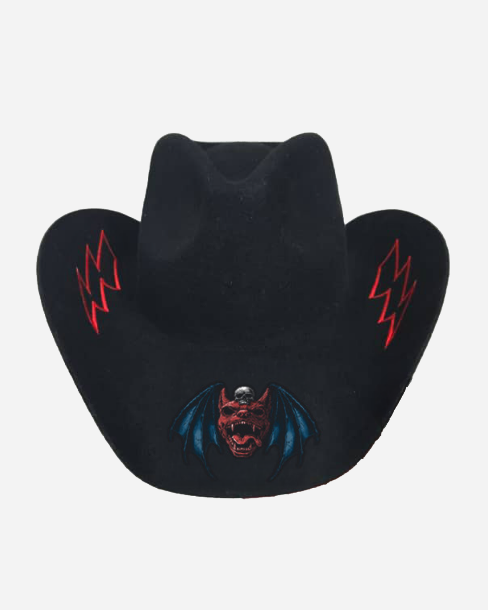 The Download Cowboy Hat by Download 2026 is black with red lightning bolts on the sides and a red, winged bat embroidered on the front, displayed against a plain white background.