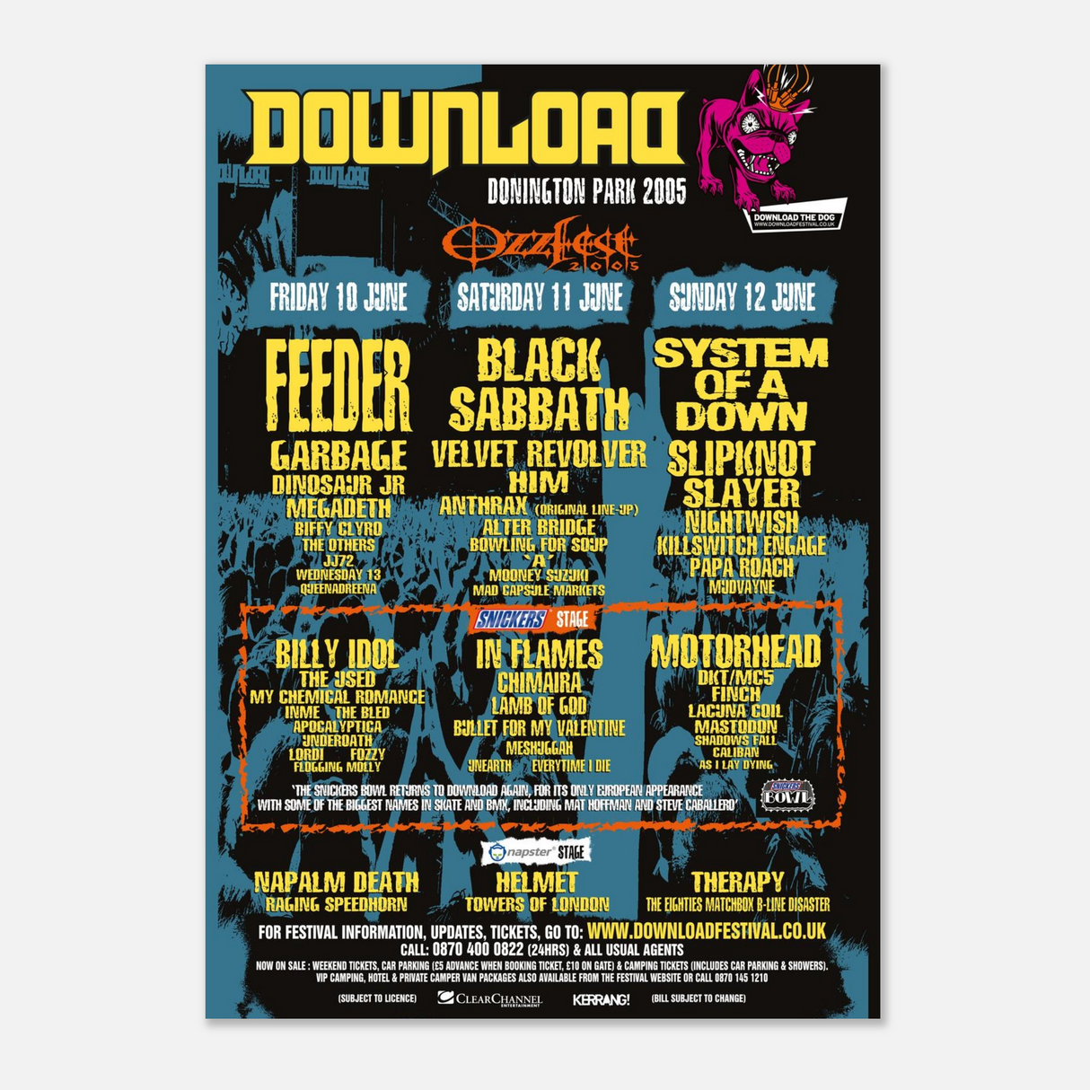 The Download Festival Shops Download 2005 Line Up Poster A2 features the June 10-12 lineup at Donington Park, with Feeder, Black Sabbath, and System of a Down headlining. Printed on high-quality semi-gloss paper with vibrant festival graphics.