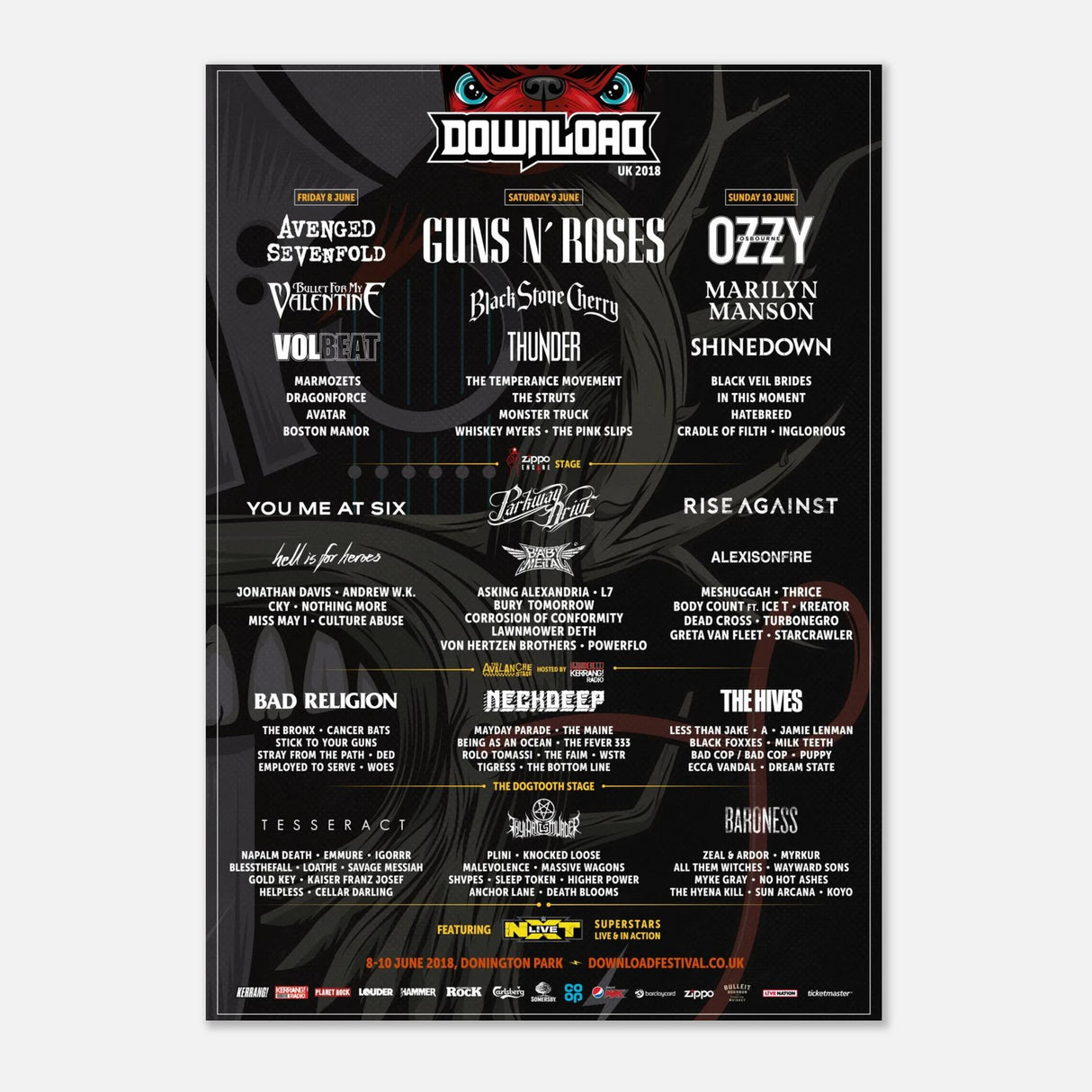 The Download 2018 Line Up Poster A2 from Download Festival Shop showcases the full lineup, including Guns N’ Roses and Ozzy Osbourne, on semi-glossy paper with festival details for Donington Park, 8-10 June 2018.