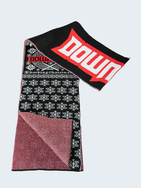 A black, red, and white knitted scarf with a festive snowflake pattern and the word "Download" prominently displayed in bold red and white lettering. The scarf also includes the phrase "Rocking Christmas" and has a contrasting red and white diagonal weave on the reverse side.