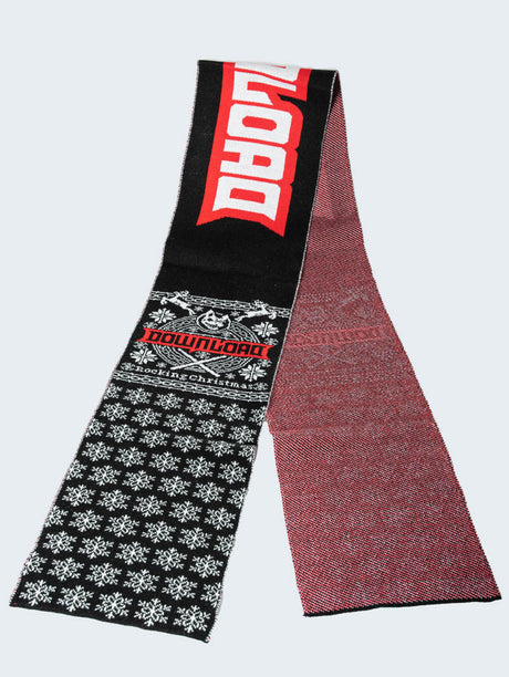 A black knitted scarf with a bold red and white "Download" logo at one end and a festive snowflake pattern throughout. The scarf also features the text "Rocking Christmas" and is partially flipped to show a red and white woven reverse side.
