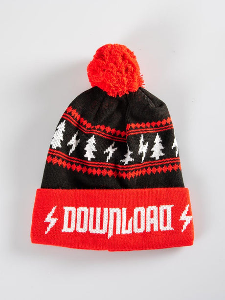 A black and red knit beanie with a red pom-pom on top. The beanie features a pattern of white Christmas trees and lightning bolts, with a red cuff displaying the word "DOWNLOAD" in bold white capital letters, flanked by two white lightning bolt symbols.