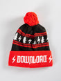 A black and red knit beanie with a red pom-pom on top. The beanie features a pattern of white Christmas trees and lightning bolts, with a red cuff displaying the word "DOWNLOAD" in bold white capital letters, flanked by two white lightning bolt symbols.