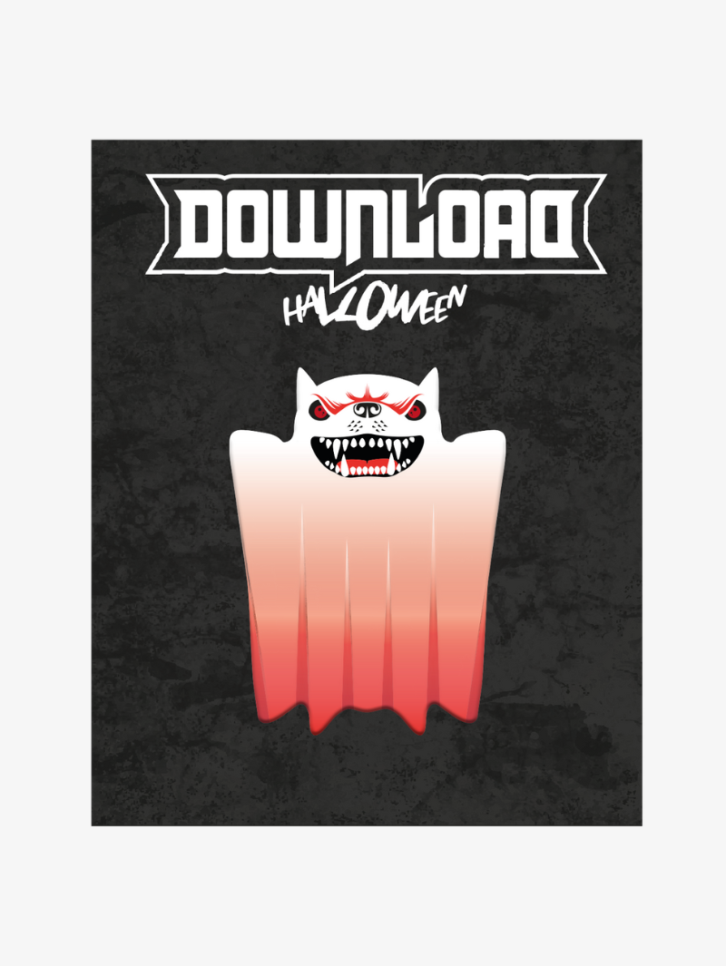 A Halloween-themed pin designed to resemble the Download Festival dog mascot dressed as a ghost, with sharp teeth, red eyes, and a gradient white-to-red ghost sheet, set against a dark textured background with "DOWNLOAD HALLOWEEN" text at the top.
