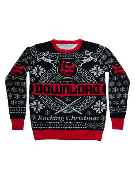 A festive knitted jumper in black, red, and white, featuring the Download Festival logo across the chest, a snarling dog face, snowflake patterns, skeleton reindeer, and the phrase "Rocking Christmas" at the bottom.