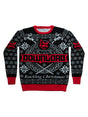 A festive knitted jumper in black, red, and white, featuring the Download Festival logo across the chest, a snarling dog face, snowflake patterns, skeleton reindeer, and the phrase "Rocking Christmas" at the bottom.