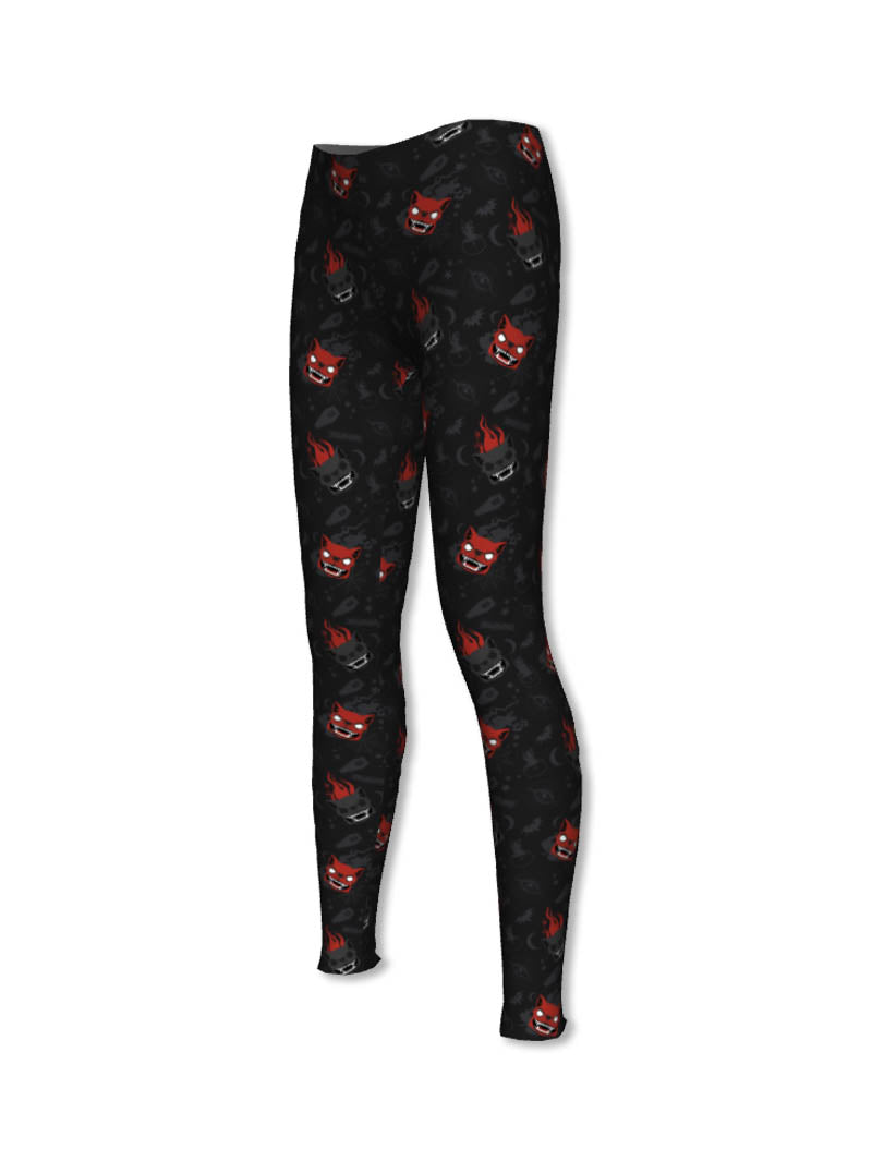 A pair of black leggings featuring a repeating Halloween-themed pattern with red and grey stylised dog heads—some with flames—and subtle background motifs like bats, skulls, and bones. The leggings are displayed upright on a plain light background.